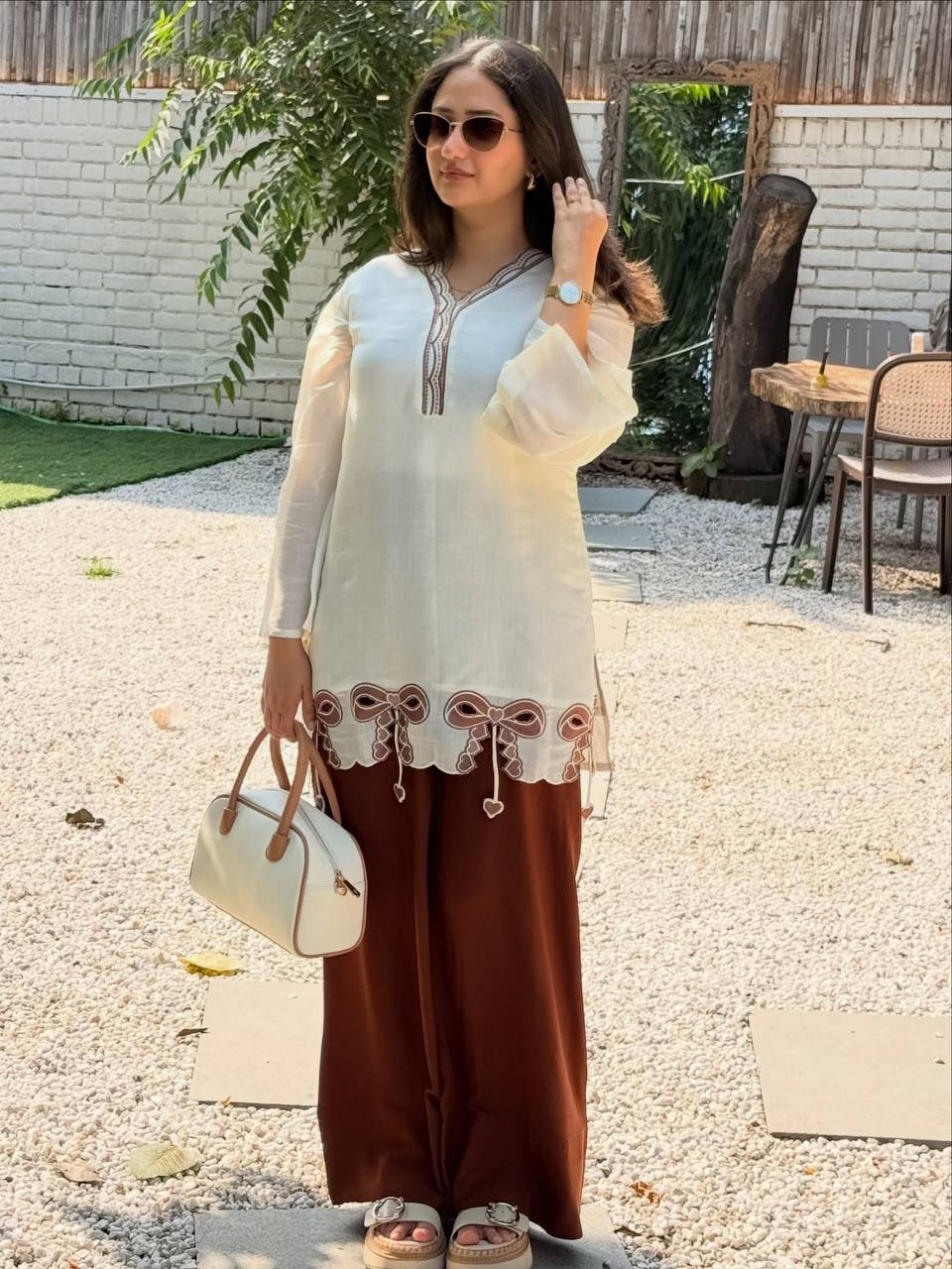 Festive Wear Brown Color Embroidered Top With Palazzo Set