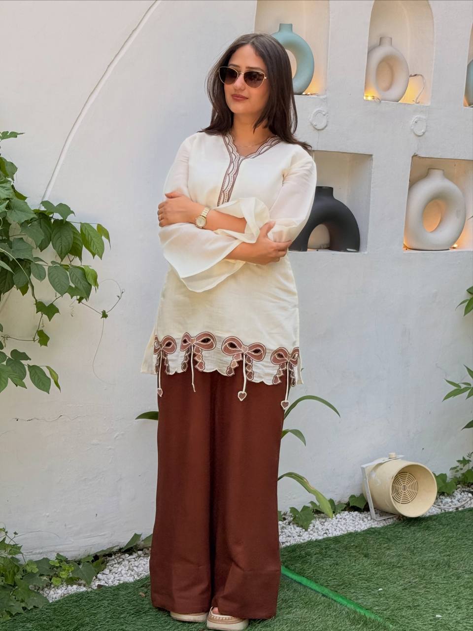 Festive Wear Brown Color Embroidered Top With Palazzo Set