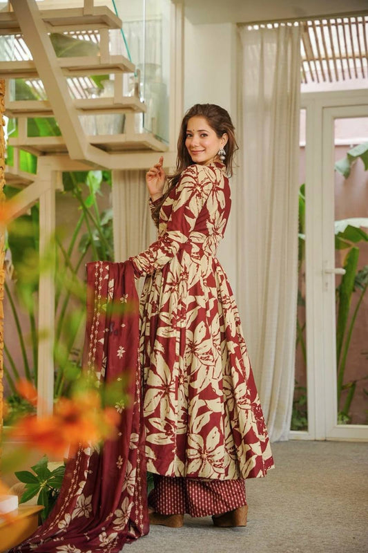 Neha's Wear Maroon Color Maslin Cotton Anarkali Suit With Dupatta