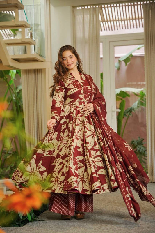 Neha's Wear Maroon Color Maslin Cotton Anarkali Suit With Dupatta