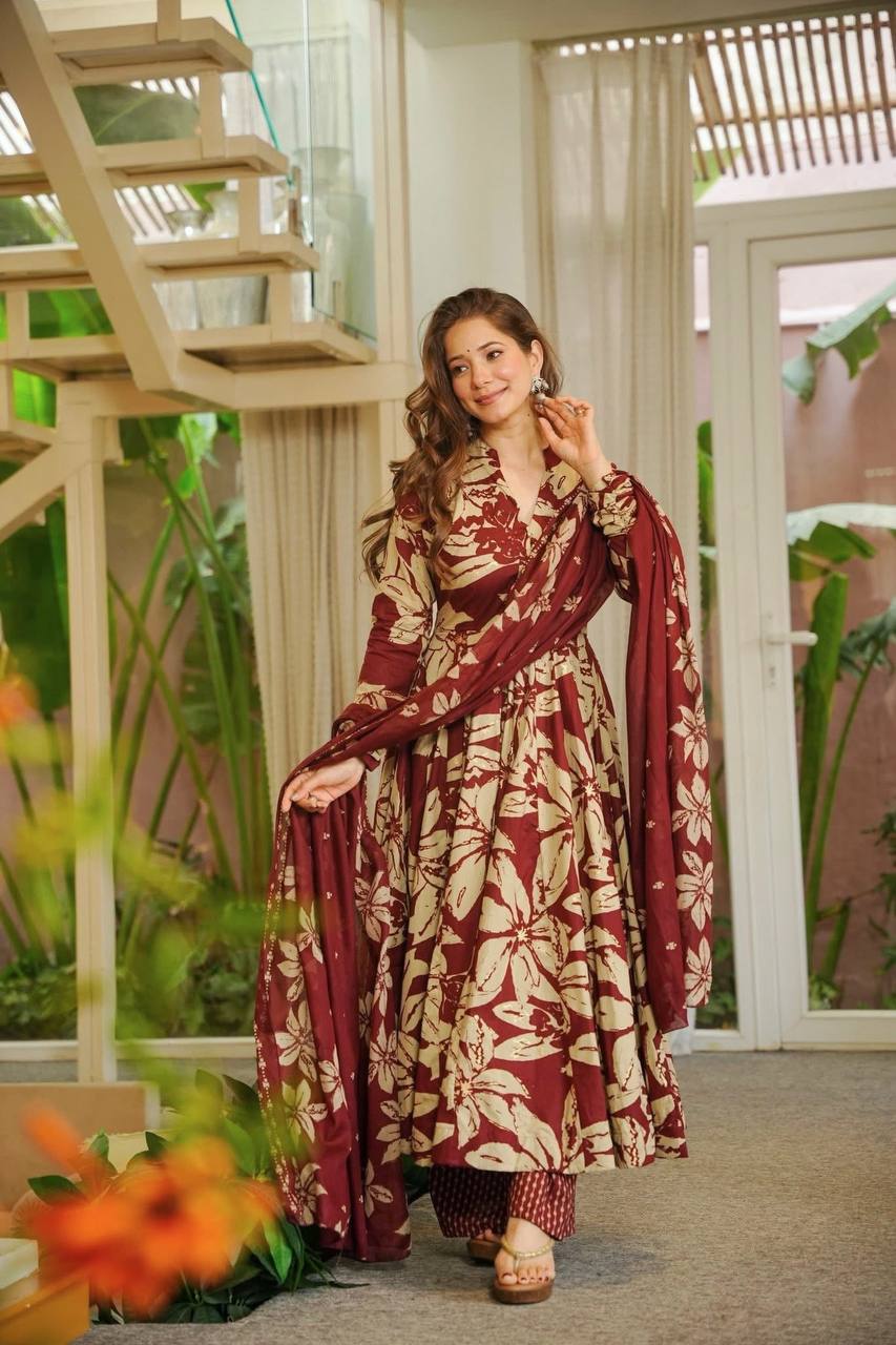 Neha's Wear Maroon Color Maslin Cotton Anarkali Suit With Dupatta