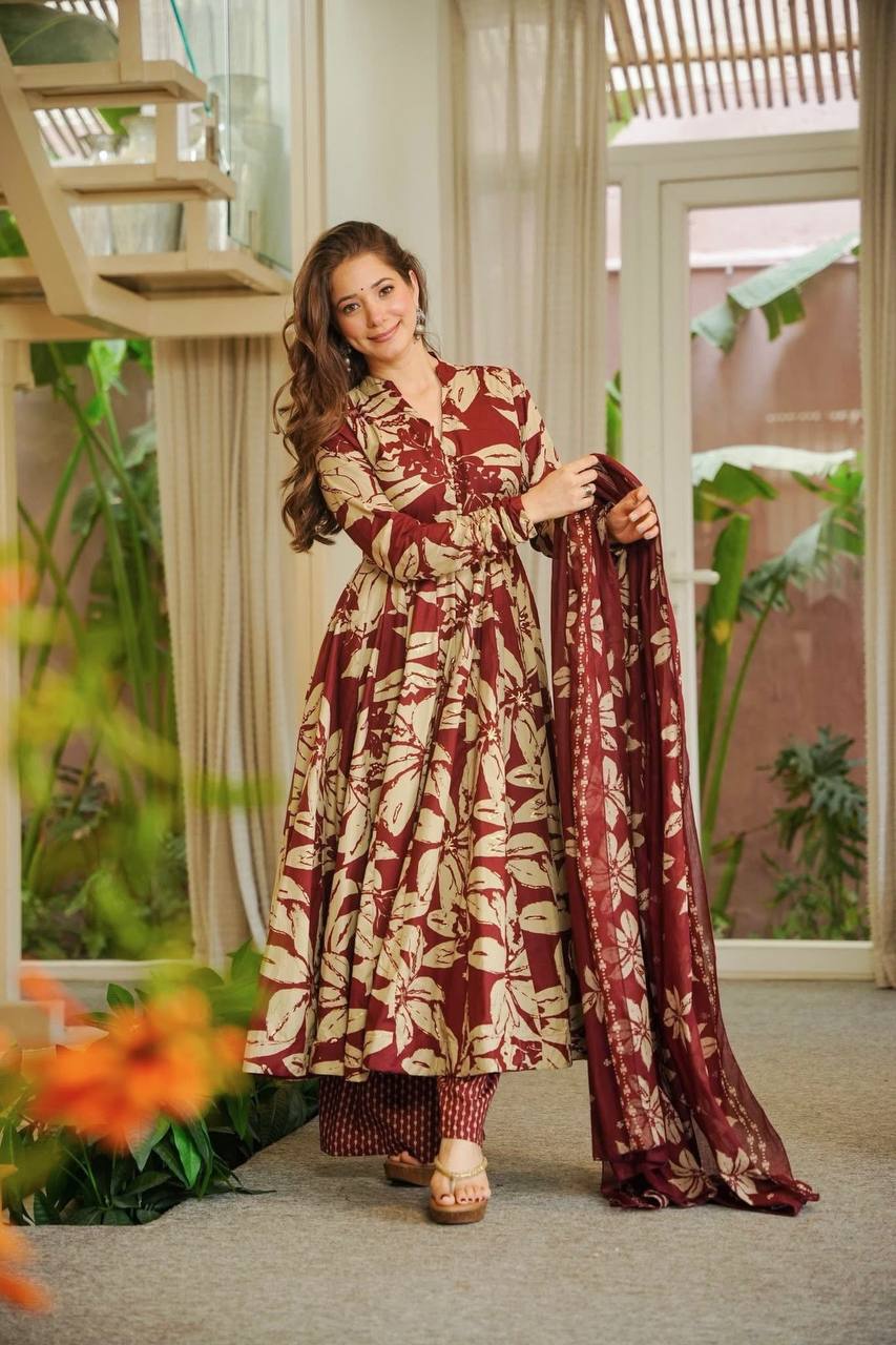 Neha's Wear Maroon Color Maslin Cotton Anarkali Suit With Dupatta