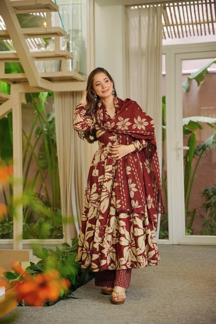 Neha's Wear Maroon Color Maslin Cotton Anarkali Suit With Dupatta