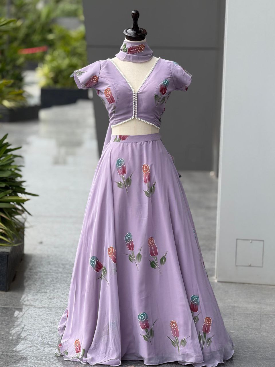 Wedding Wear Lavender Color Hand Painted Pure Georgette Lehenga Set