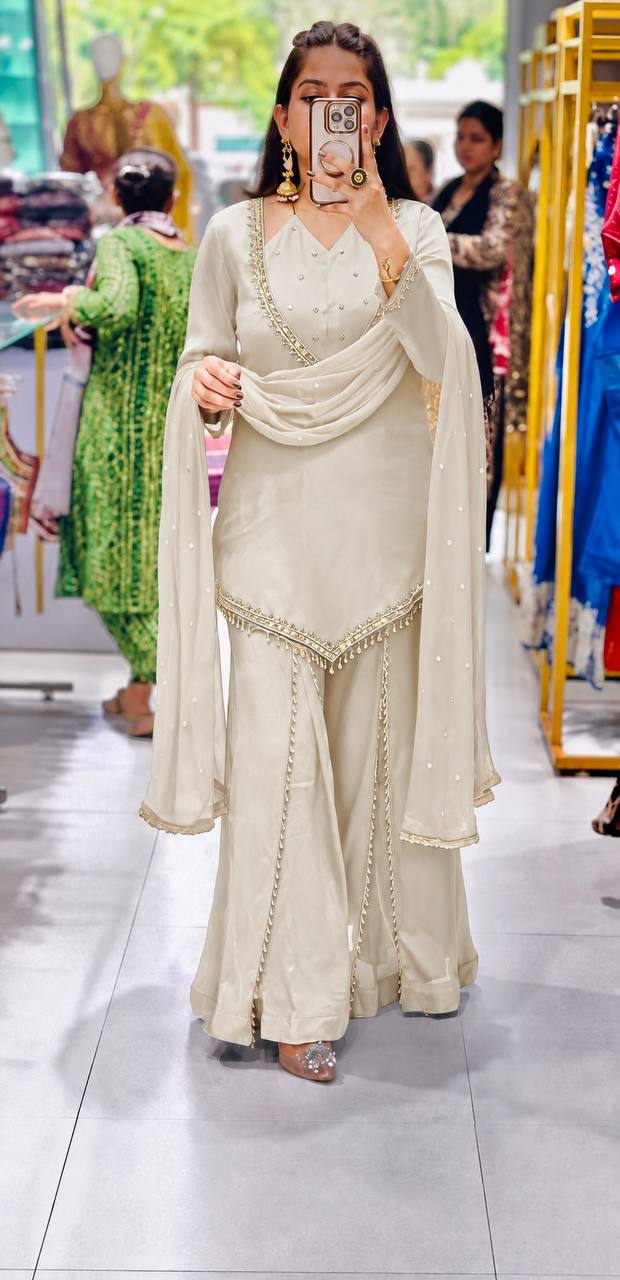 Wedding Wear Off White Mirror Work Beautiful Palazzo Suit