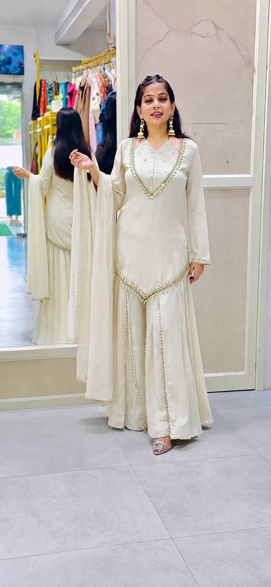 Wedding Wear Off White Mirror Work Beautiful Palazzo Suit