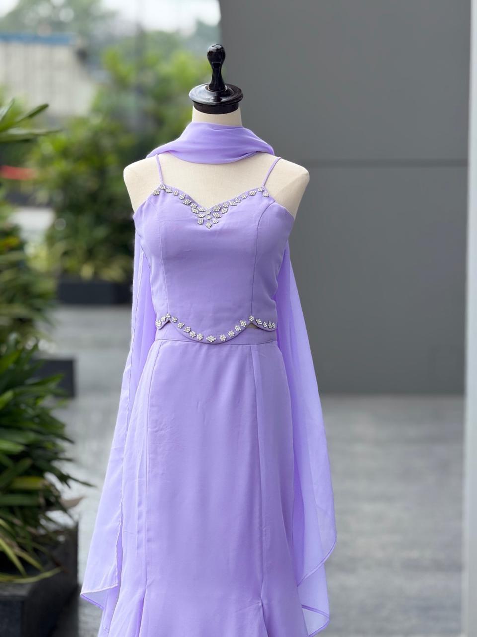 Party Wear Lavender Color Marmaid Georgette Fish Cut Lehenga