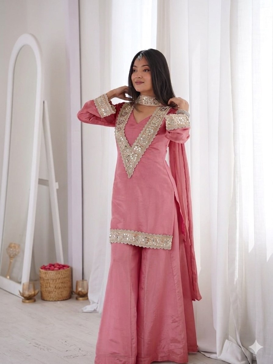 Pink Color Chinon Mirror Moti Work Arti Chaihan Sharara Suit