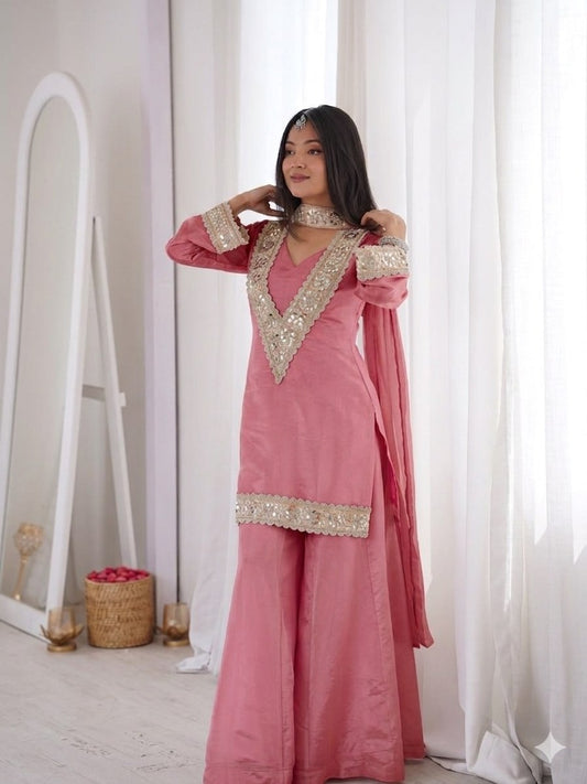 Pink Color Chinon Mirror Moti Work Arti Chaihan Sharara Suit