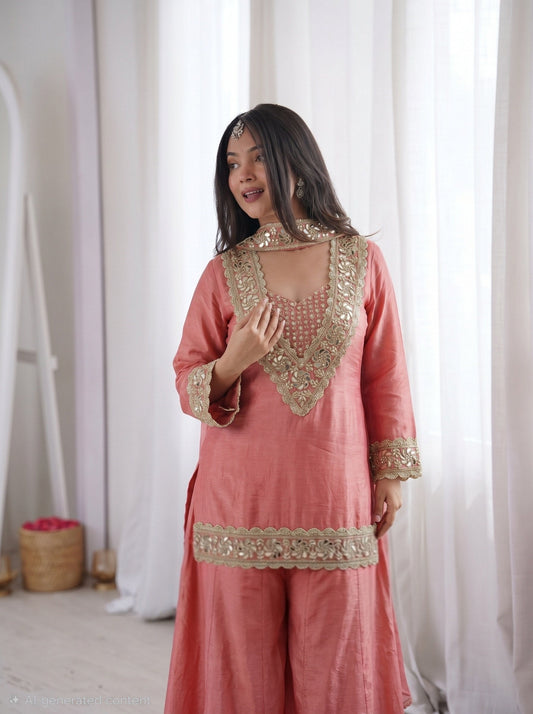 Pink Color Chinon Mirror Moti Work Arti Chaihan Sharara Suit