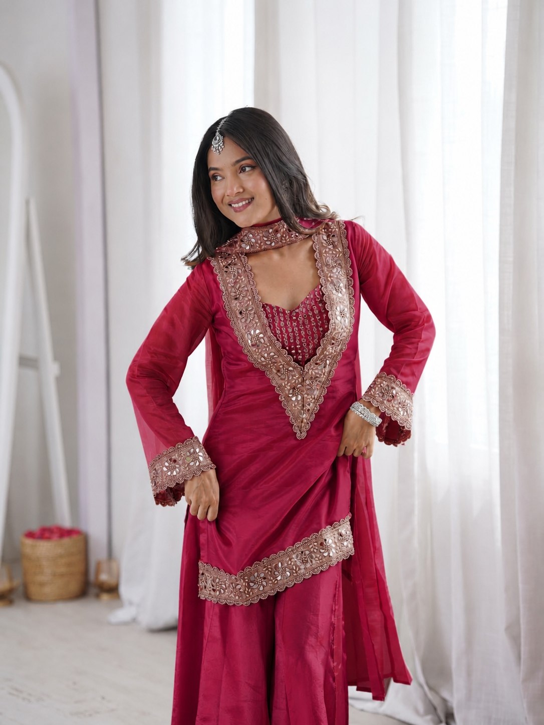 Dark Pink Color Chinon Mirror Moti Work Arti Chaihan Sharara Suit