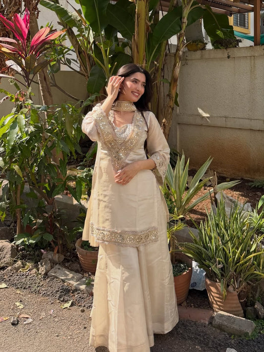 Cream Color Chinon Mirror Moti Work Arti Chaihan Sharara Suit
