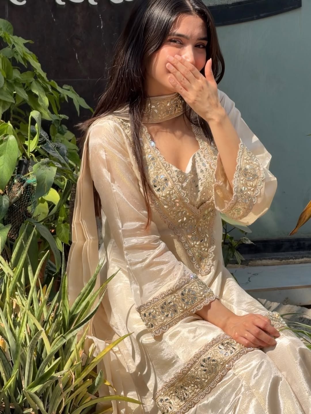 Cream Color Chinon Mirror Moti Work Arti Chaihan Sharara Suit