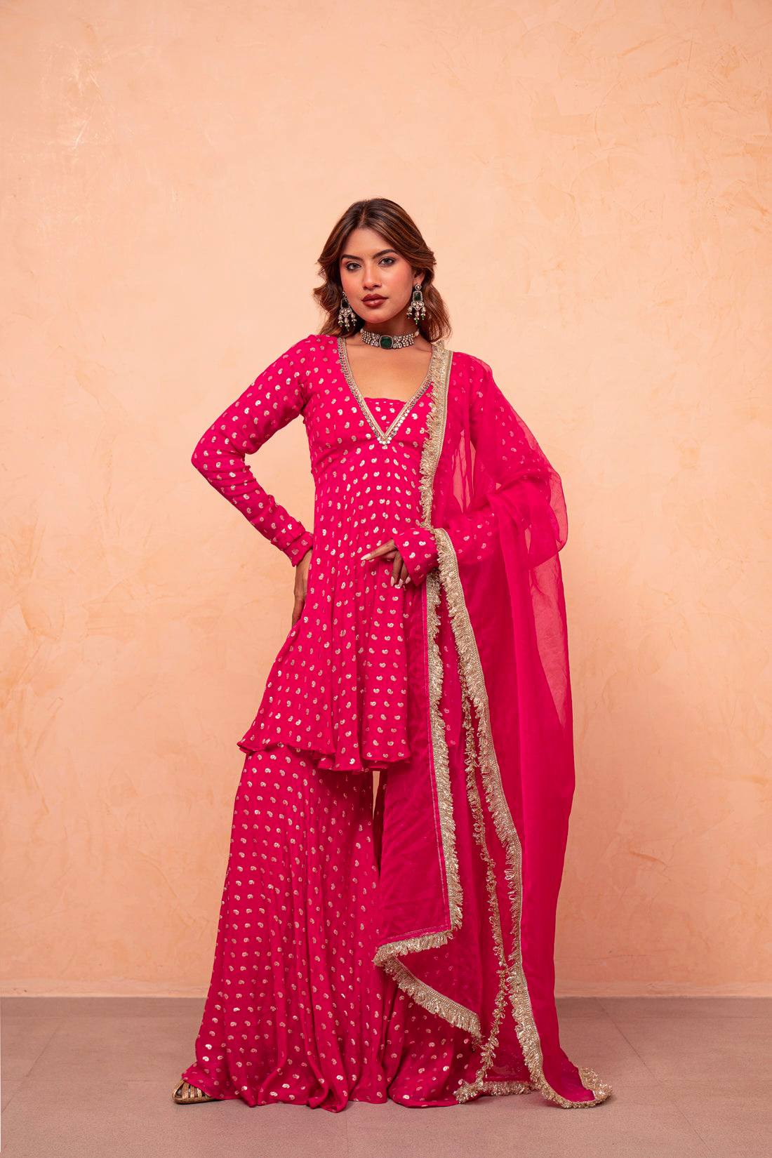 Designer Pink Color Jacquard Chanderi Sharara Suit