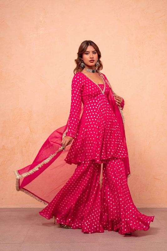 Designer Pink Color Jacquard Chanderi Sharara Suit