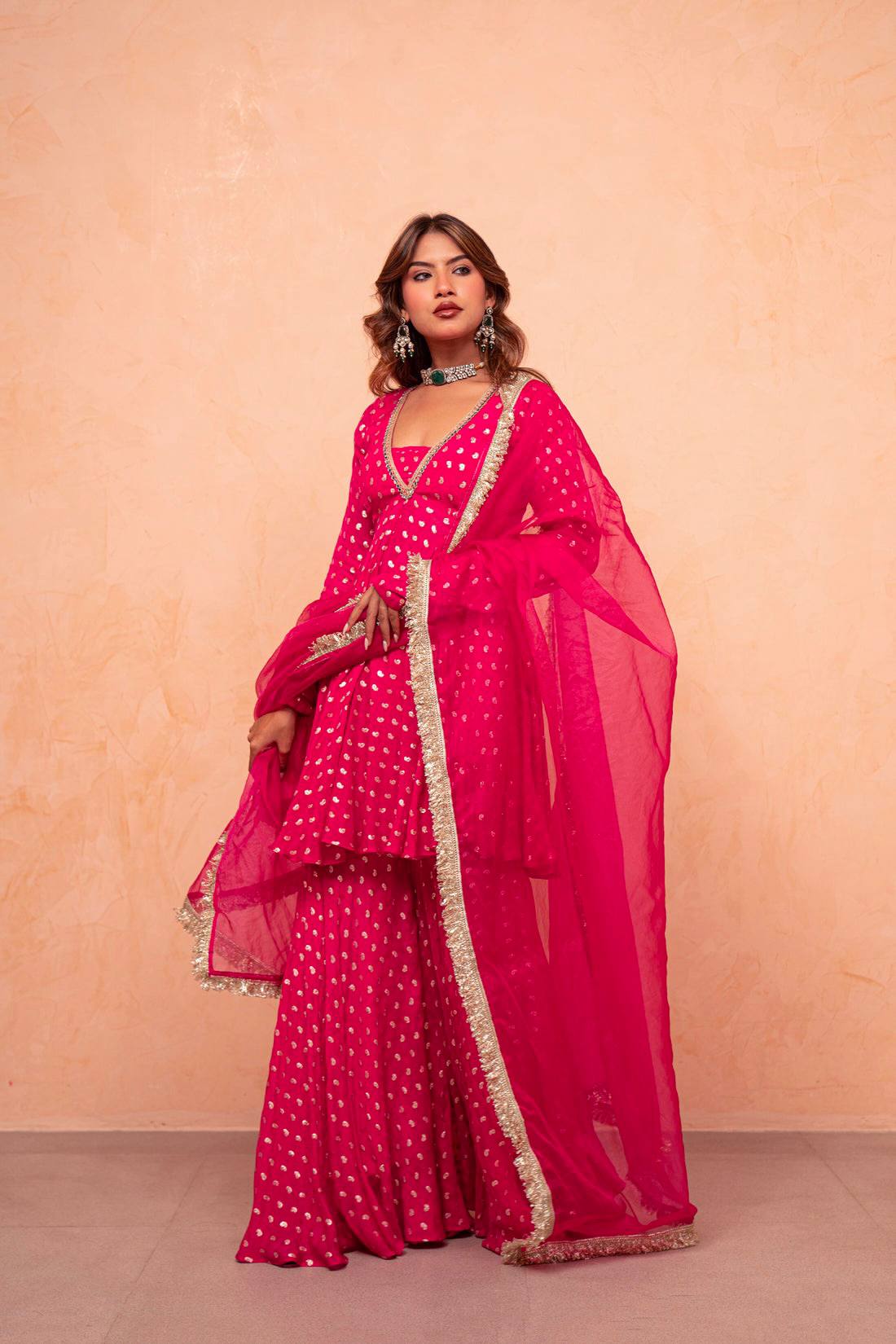 Designer Pink Color Jacquard Chanderi Sharara Suit