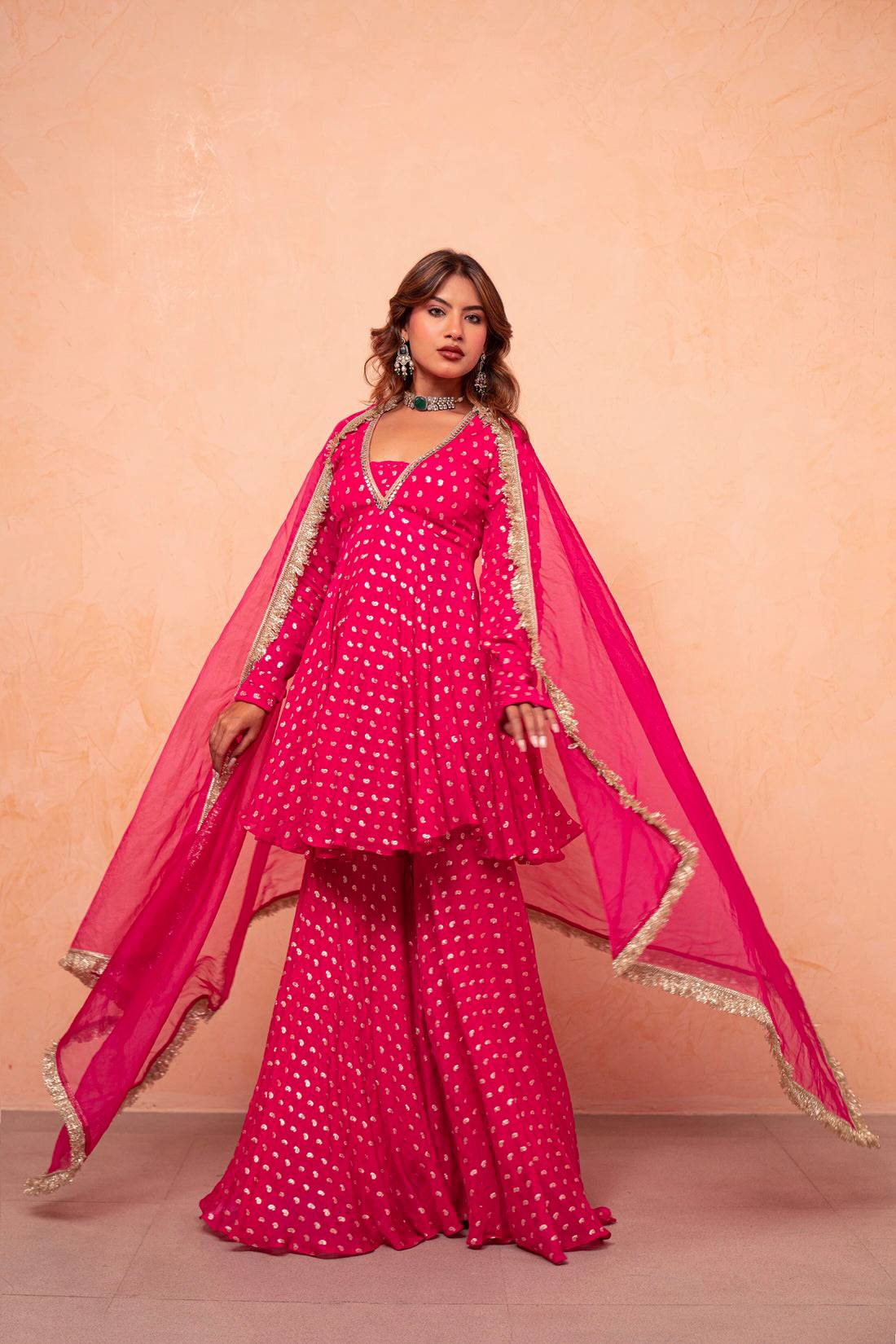 Designer Pink Color Jacquard Chanderi Sharara Suit