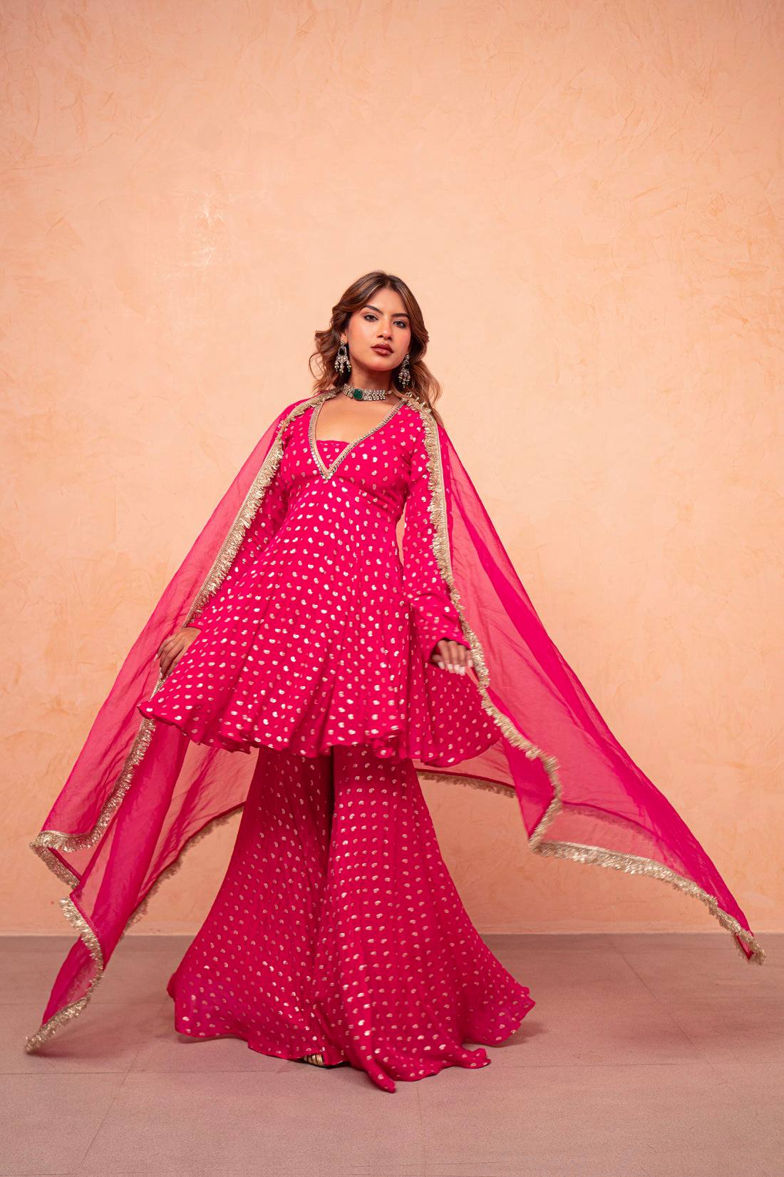 Designer Pink Color Jacquard Chanderi Sharara Suit