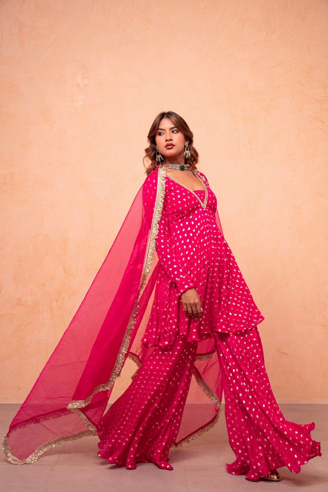 Designer Pink Color Jacquard Chanderi Sharara Suit