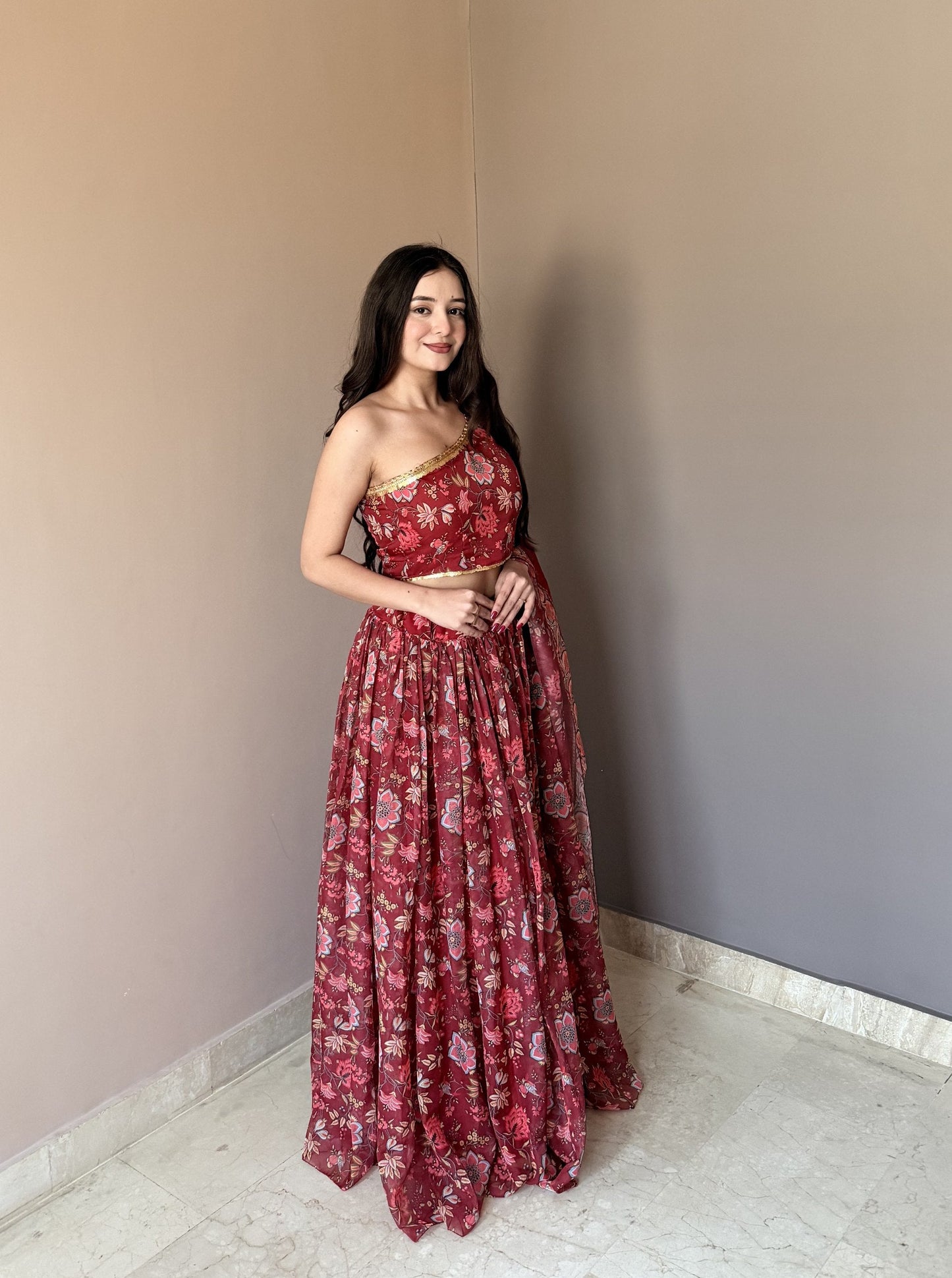 Fancy Maroon Color Stlish Floral Printed Lehenga Choli