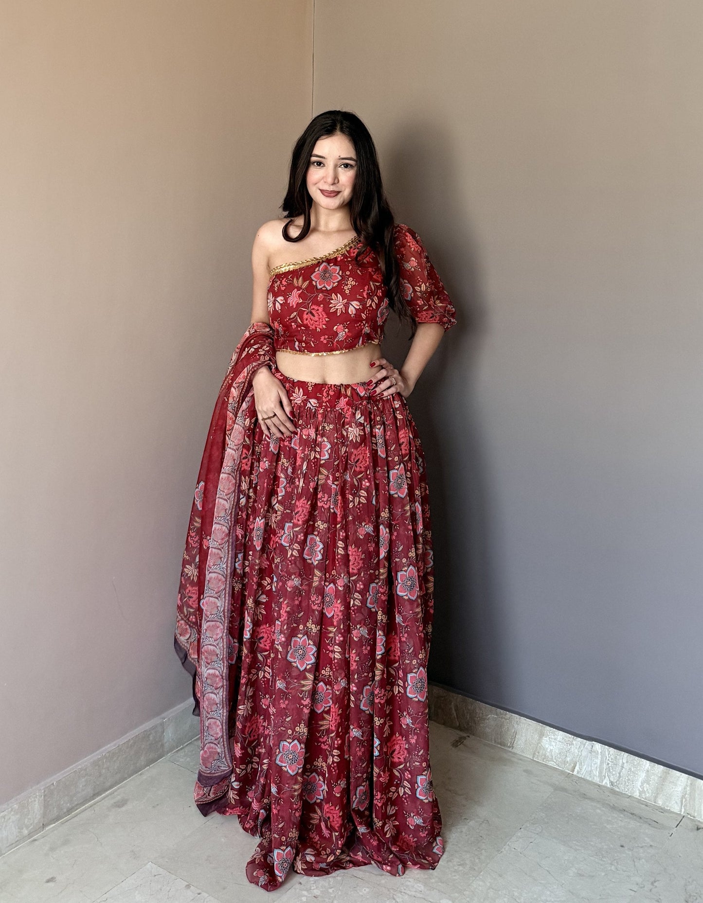 Fancy Maroon Color Stlish Floral Printed Lehenga Choli