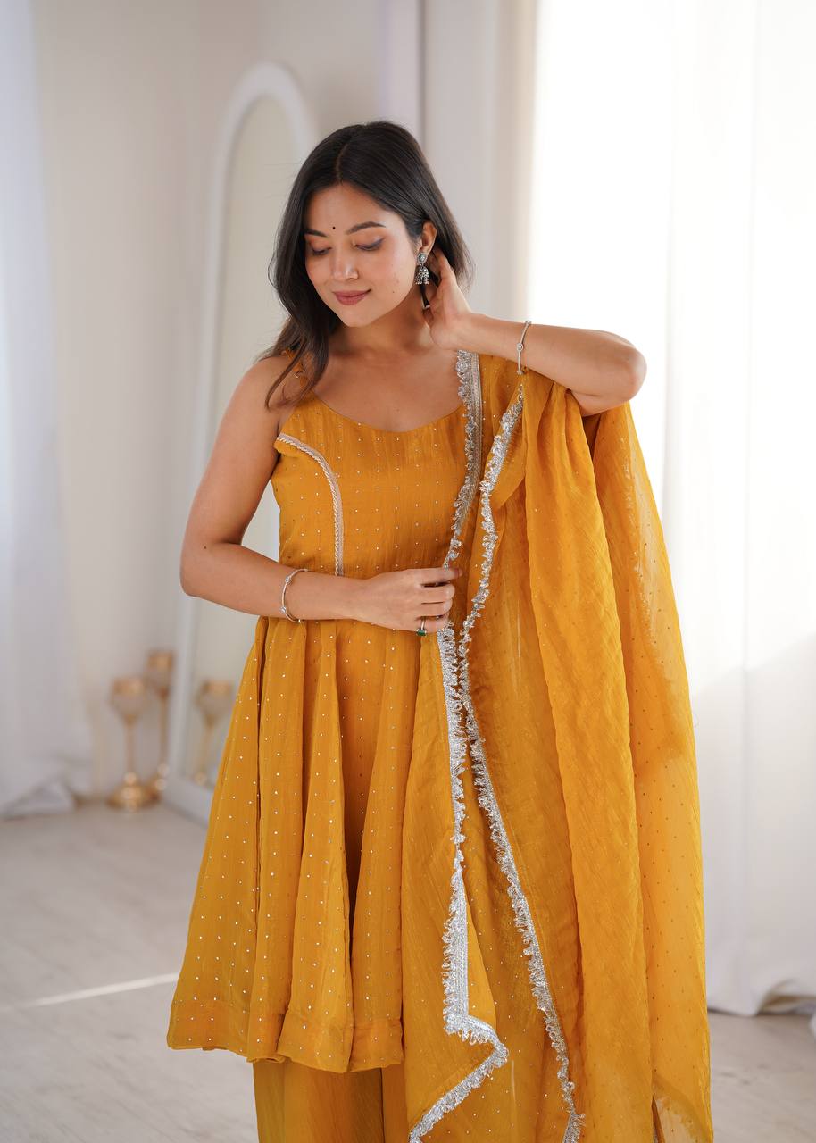 Haldi Wear Yellow Color Silk Embroidered Work Palazzo Suit