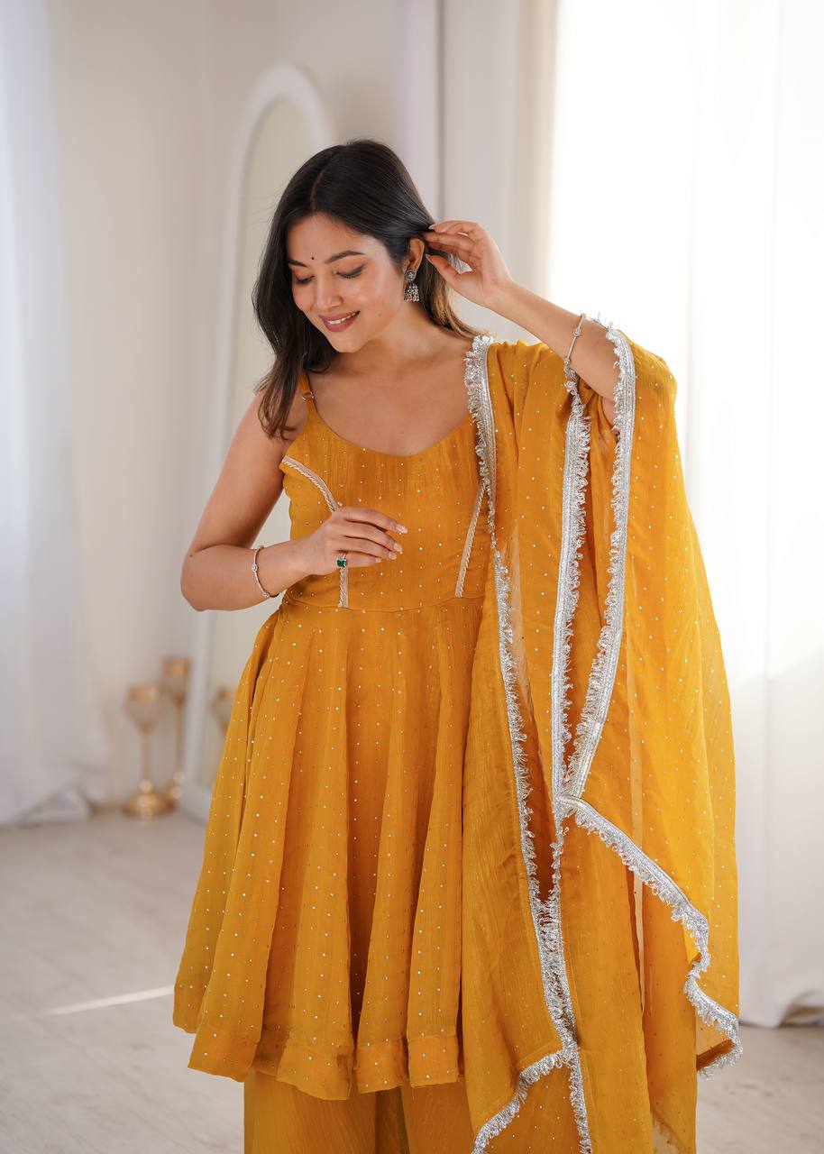 Haldi Wear Yellow Color Silk Embroidered Work Palazzo Suit