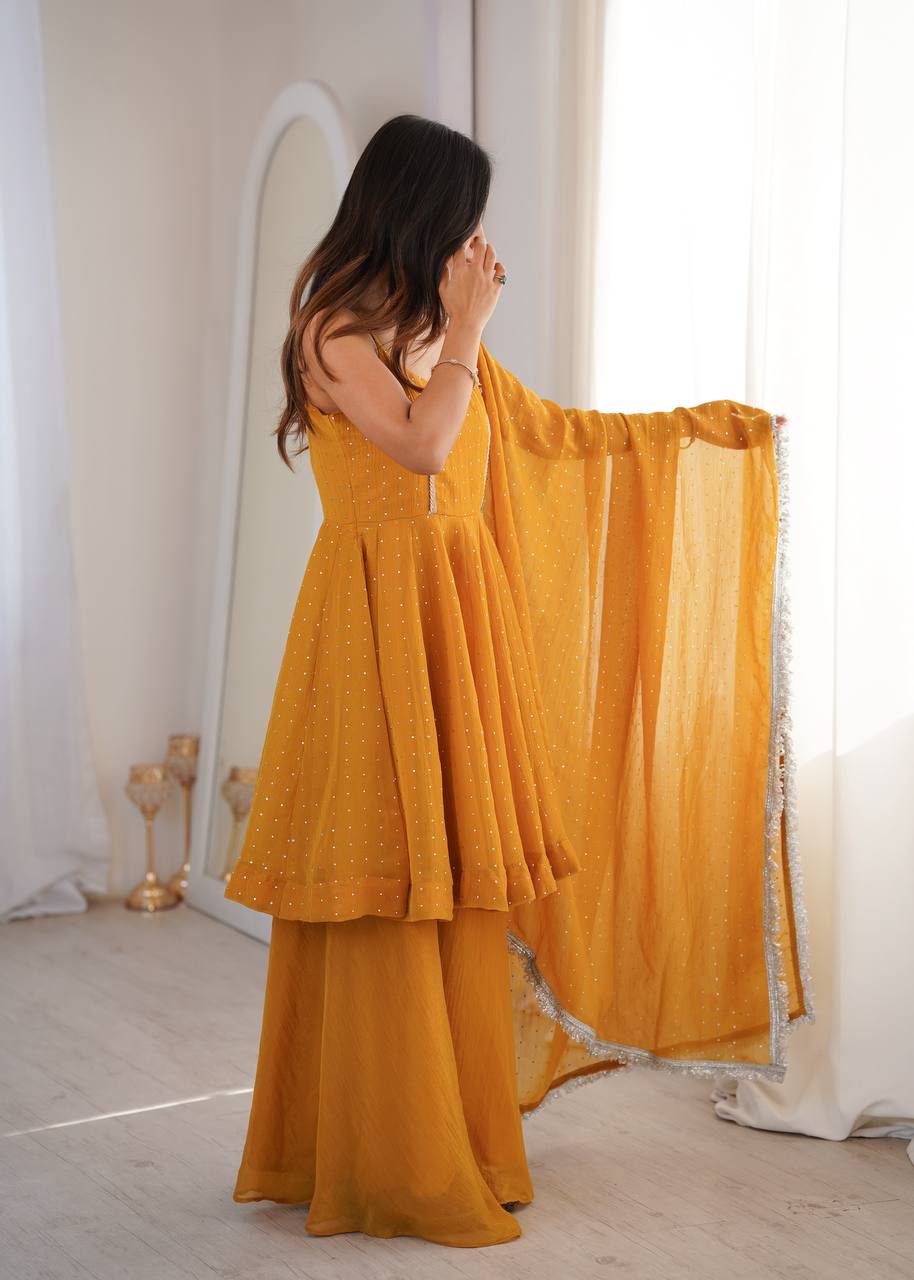 Haldi Wear Yellow Color Silk Embroidered Work Palazzo Suit