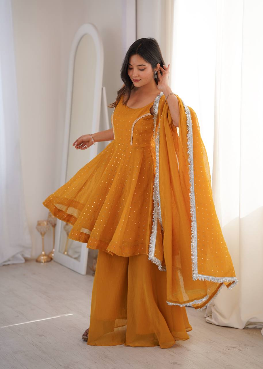 Haldi Wear Yellow Color Silk Embroidered Work Palazzo Suit