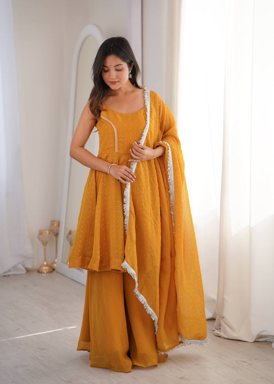 Haldi Wear Yellow Color Silk Embroidered Work Palazzo Suit