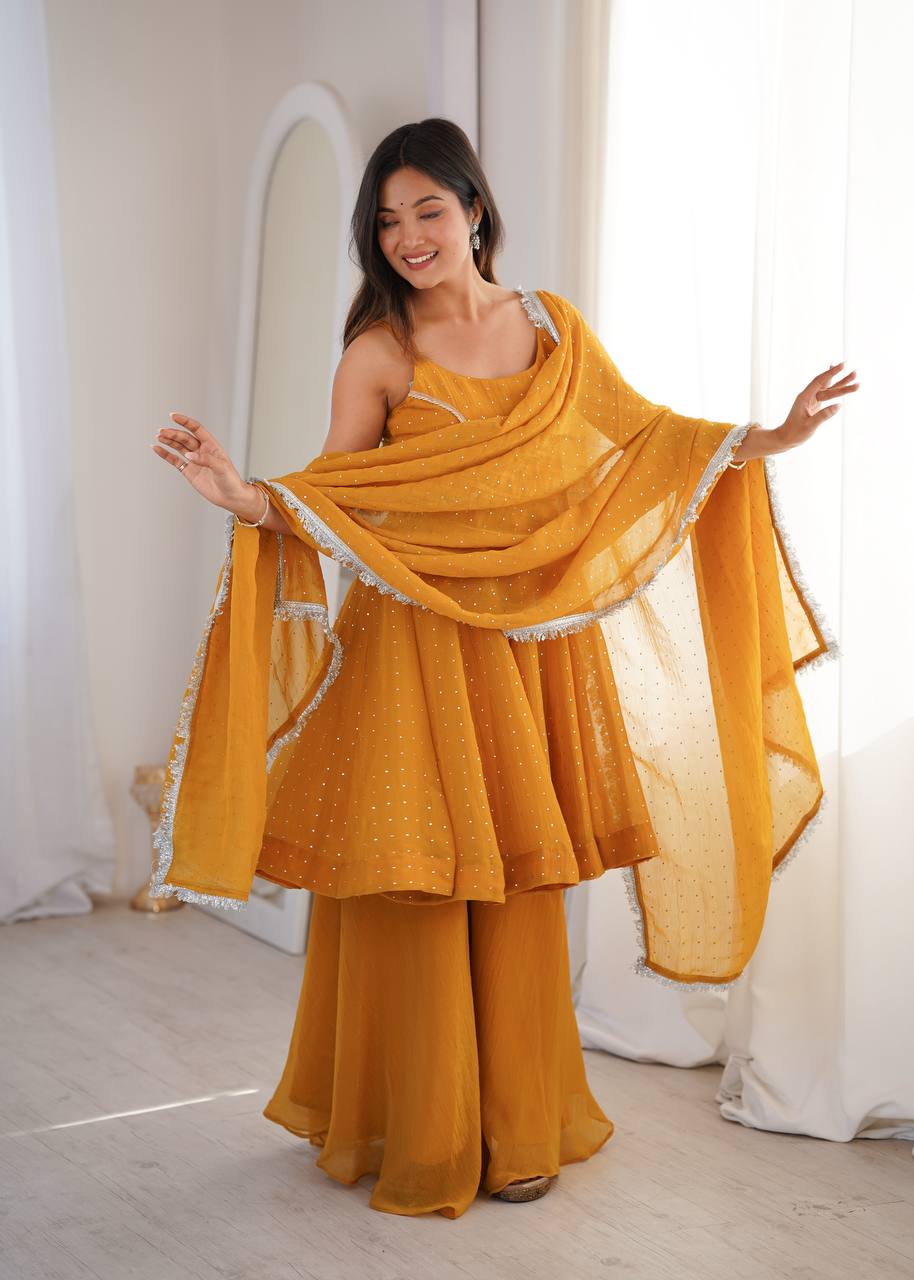 Haldi Wear Yellow Color Silk Embroidered Work Palazzo Suit
