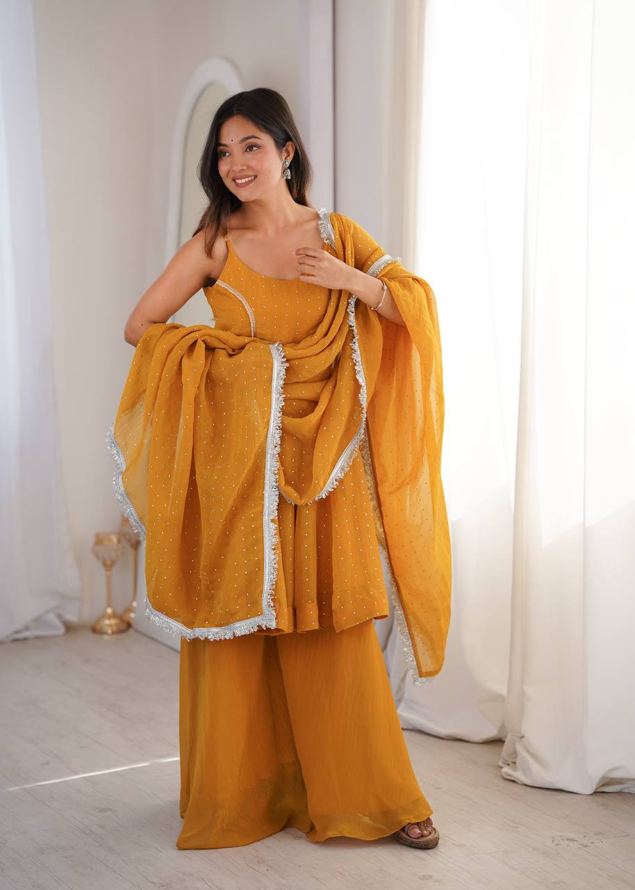 Haldi Wear Yellow Color Silk Embroidered Work Palazzo Suit