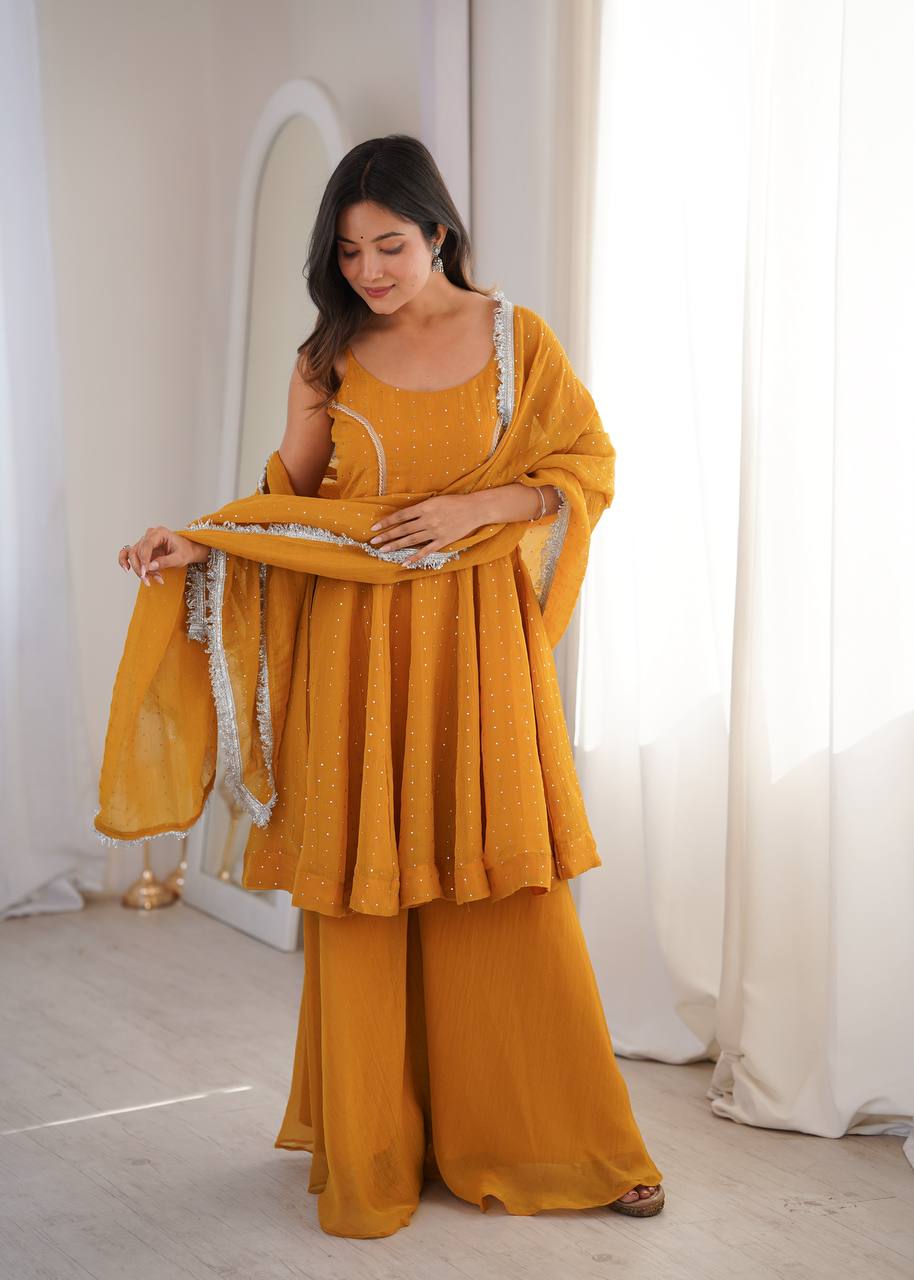Haldi Wear Yellow Color Silk Embroidered Work Palazzo Suit