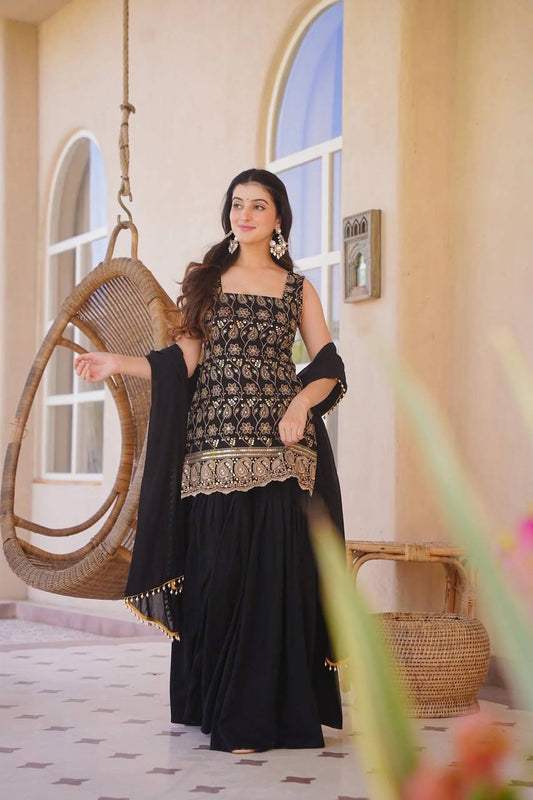 Black Color Designer Blooming Faux Georgette Palazzo Sharara Suit