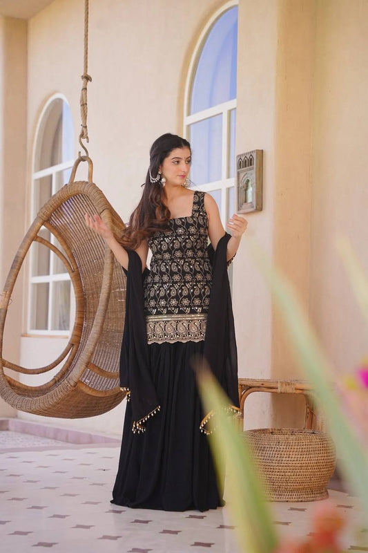 Black Color Designer Blooming Faux Georgette Palazzo Sharara Suit