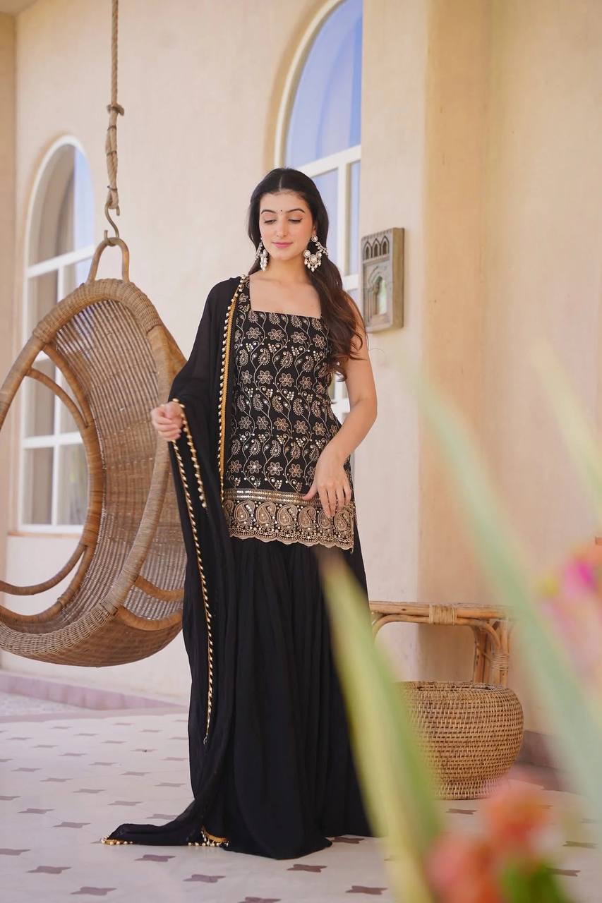 Black Color Designer Blooming Faux Georgette Palazzo Sharara Suit