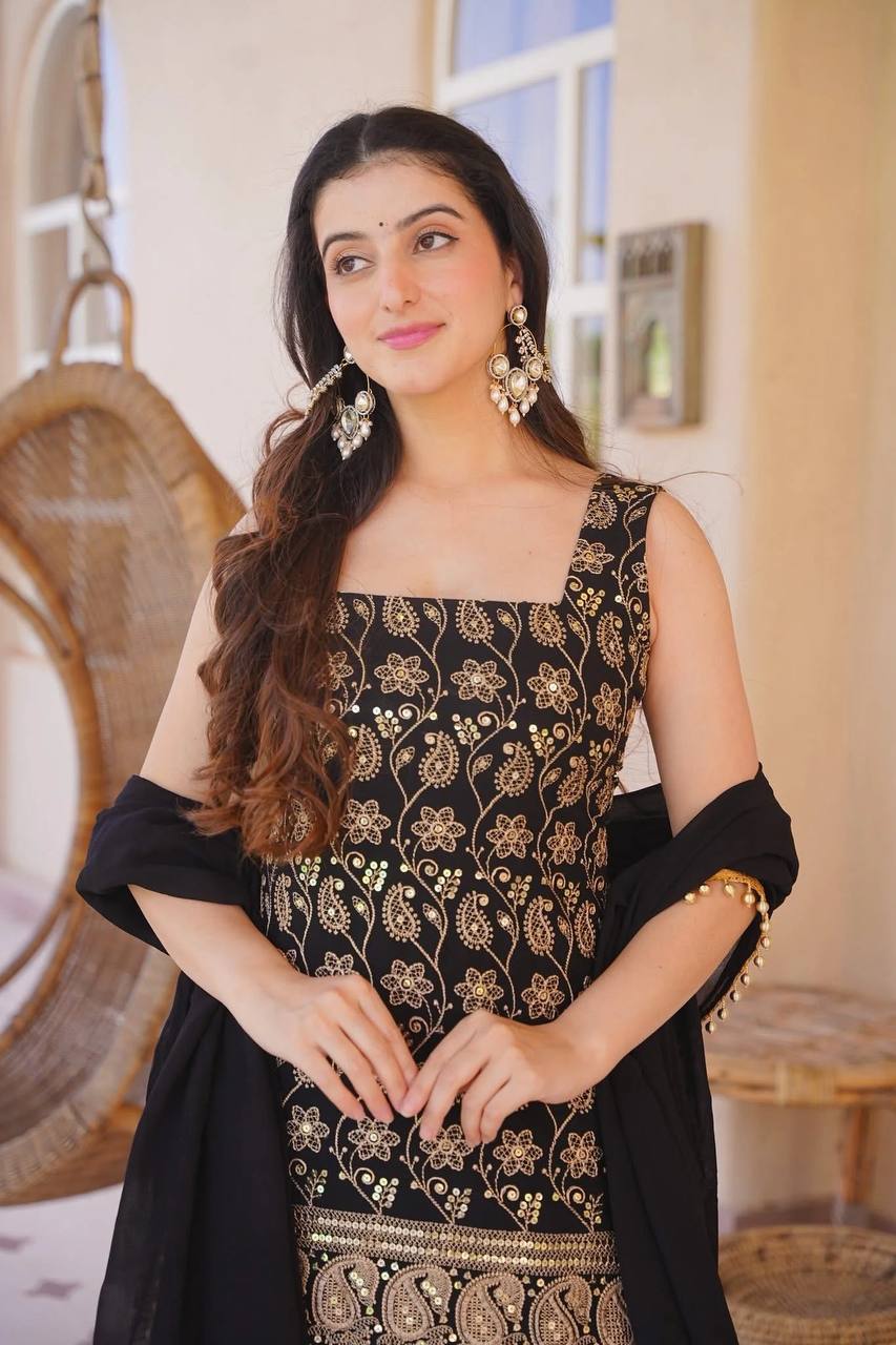 Black Color Designer Blooming Faux Georgette Palazzo Sharara Suit