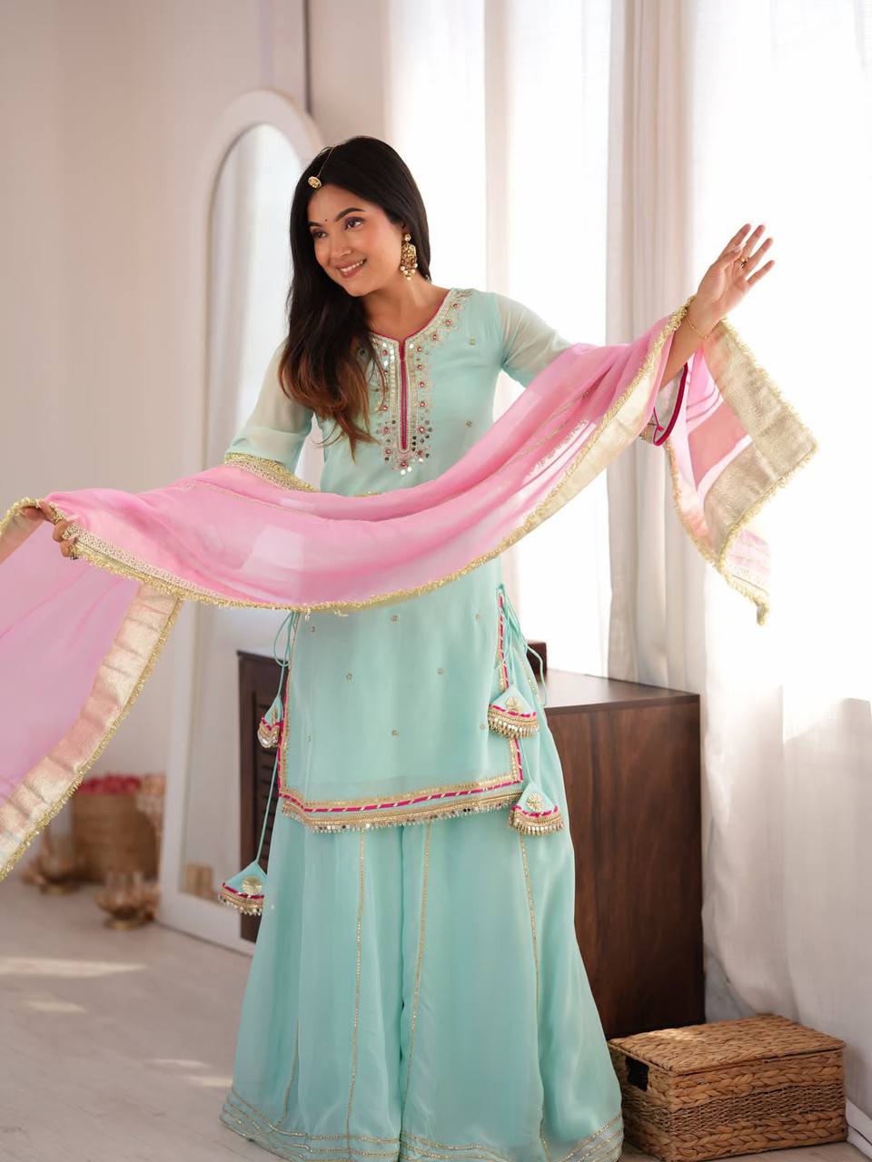 Arti Chauhan Wear Sky Blue Embroidered Work Sharara Suit