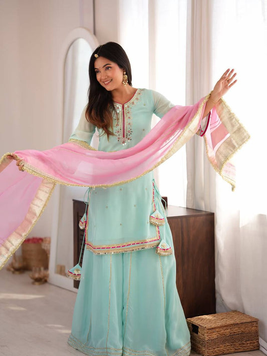 Arti Chauhan Wear Sky Blue Embroidered Work Sharara Suit