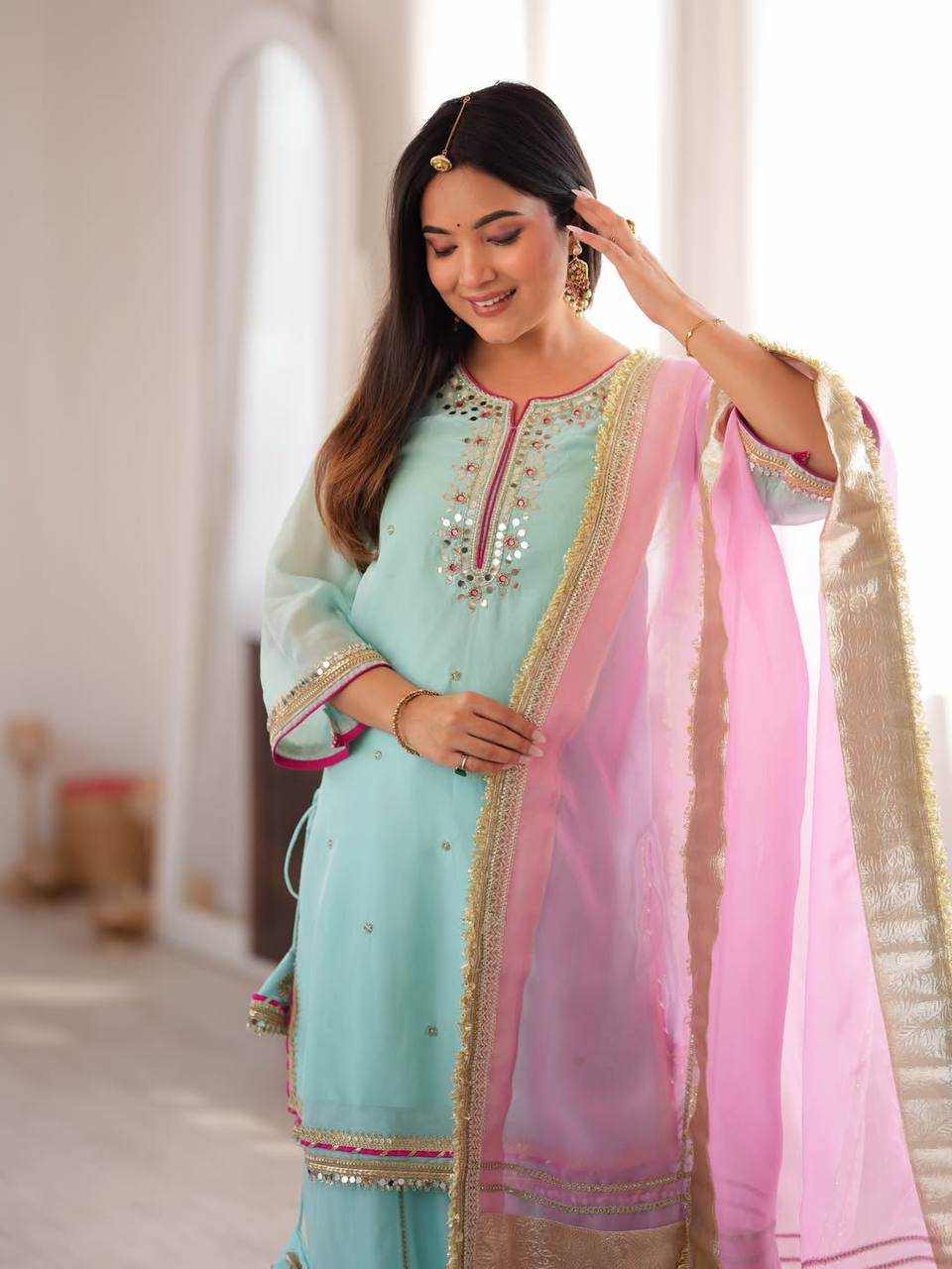 Arti Chauhan Wear Sky Blue Embroidered Work Sharara Suit