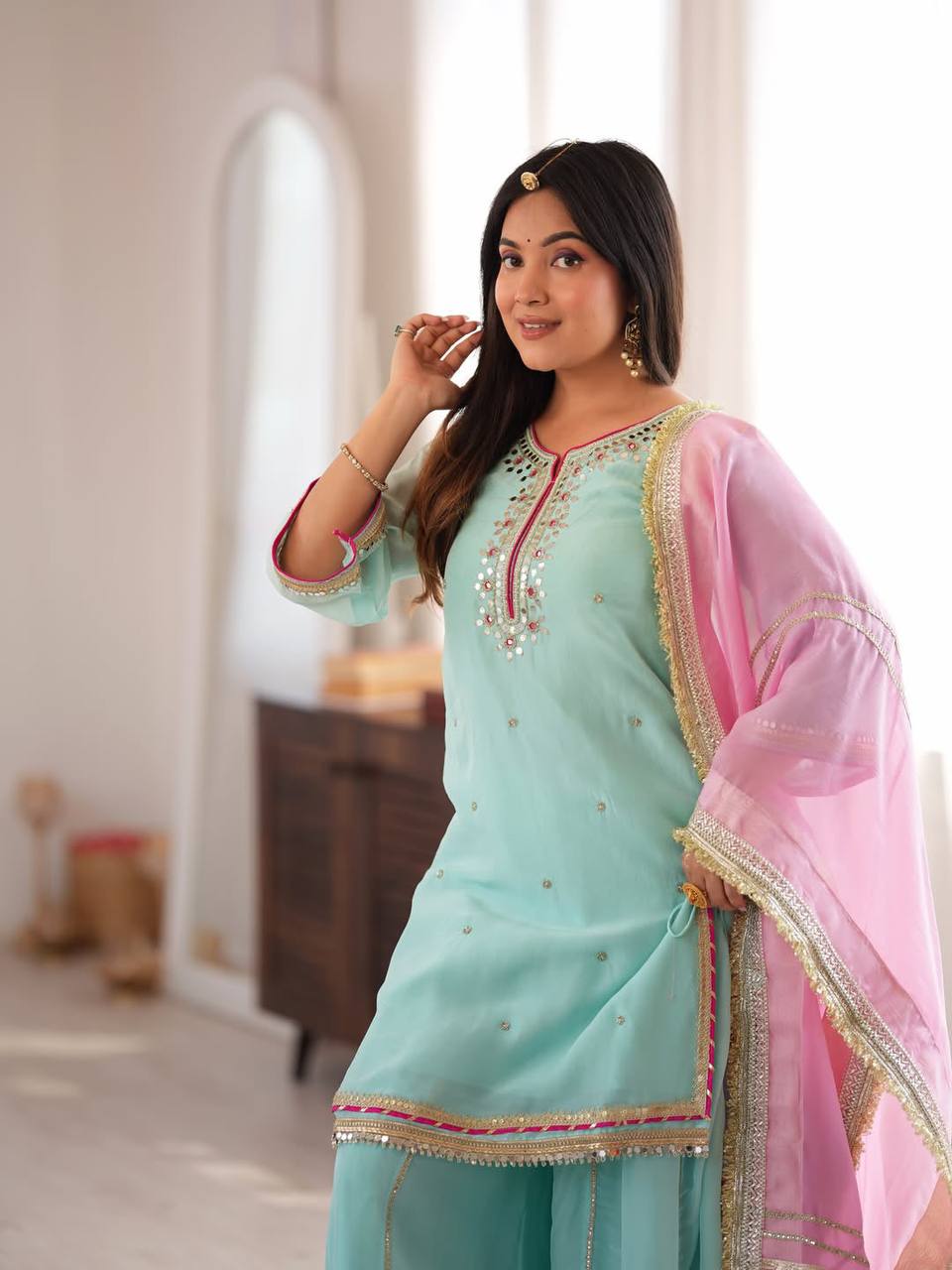 Arti Chauhan Wear Sky Blue Embroidered Work Sharara Suit