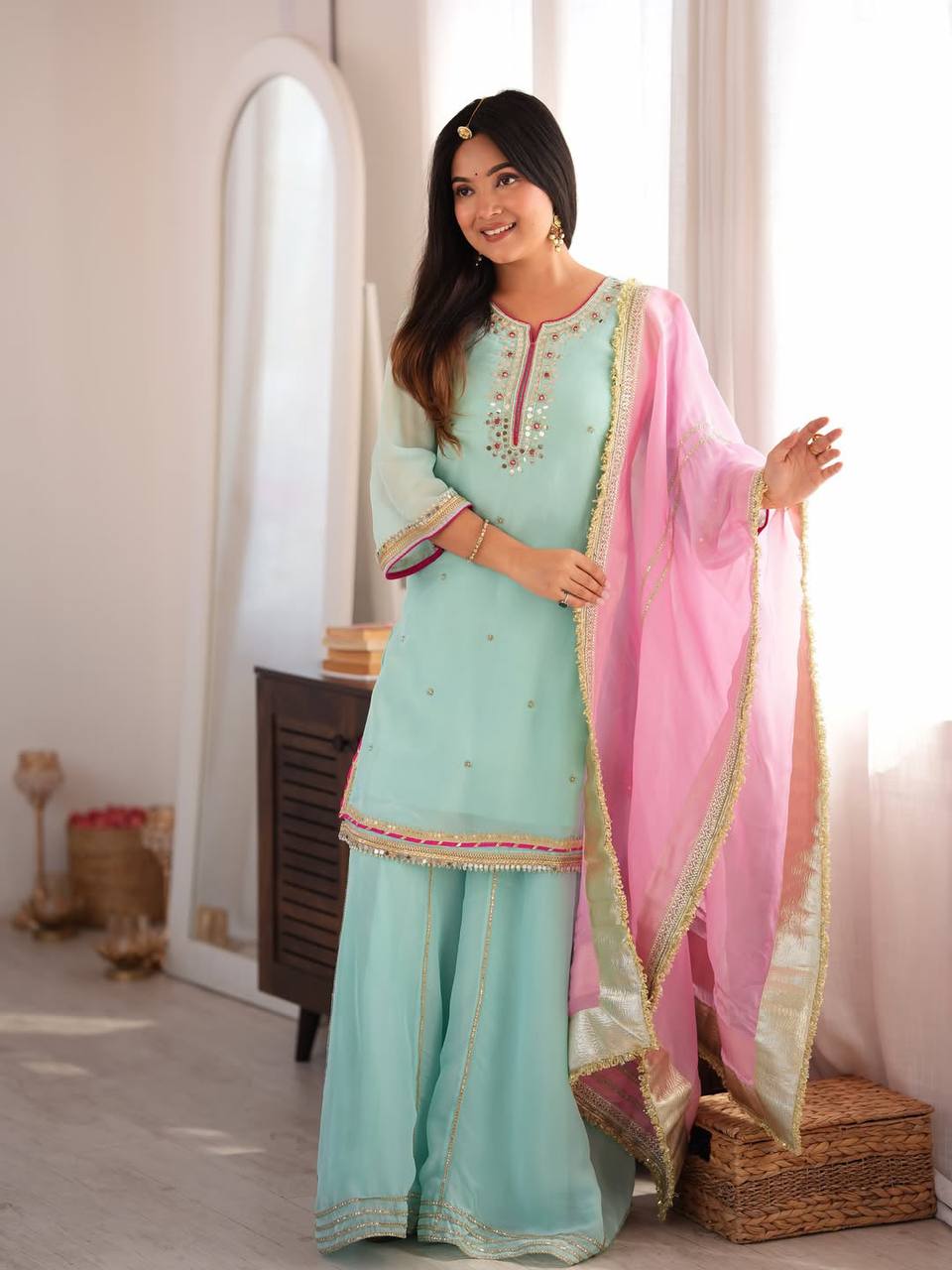 Arti Chauhan Wear Sky Blue Embroidered Work Sharara Suit