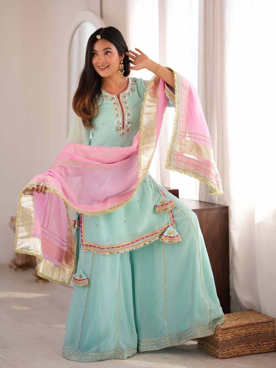 Arti Chauhan Wear Sky Blue Embroidered Work Sharara Suit