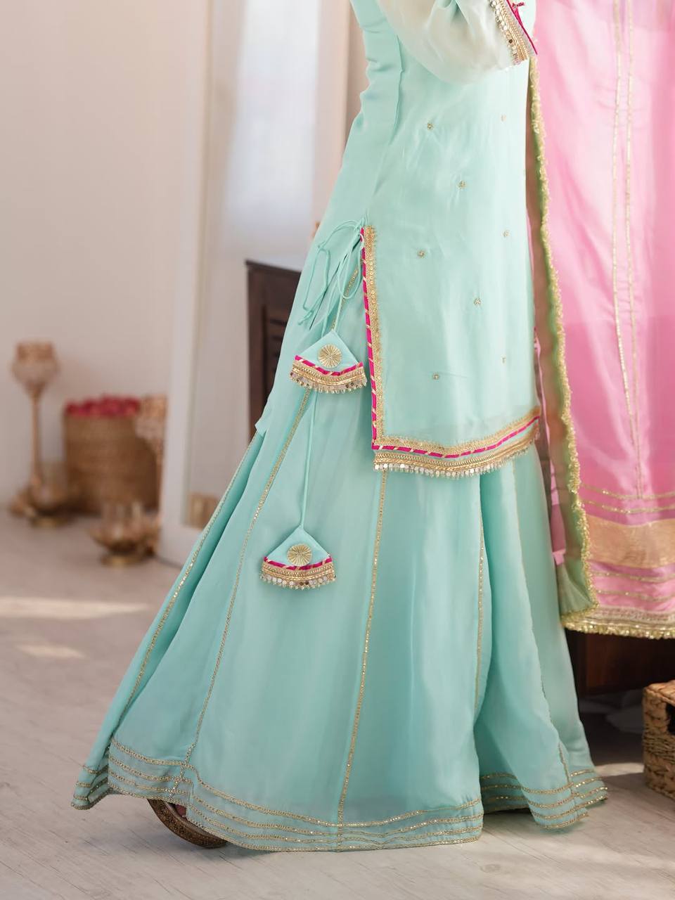 Arti Chauhan Wear Sky Blue Embroidered Work Sharara Suit