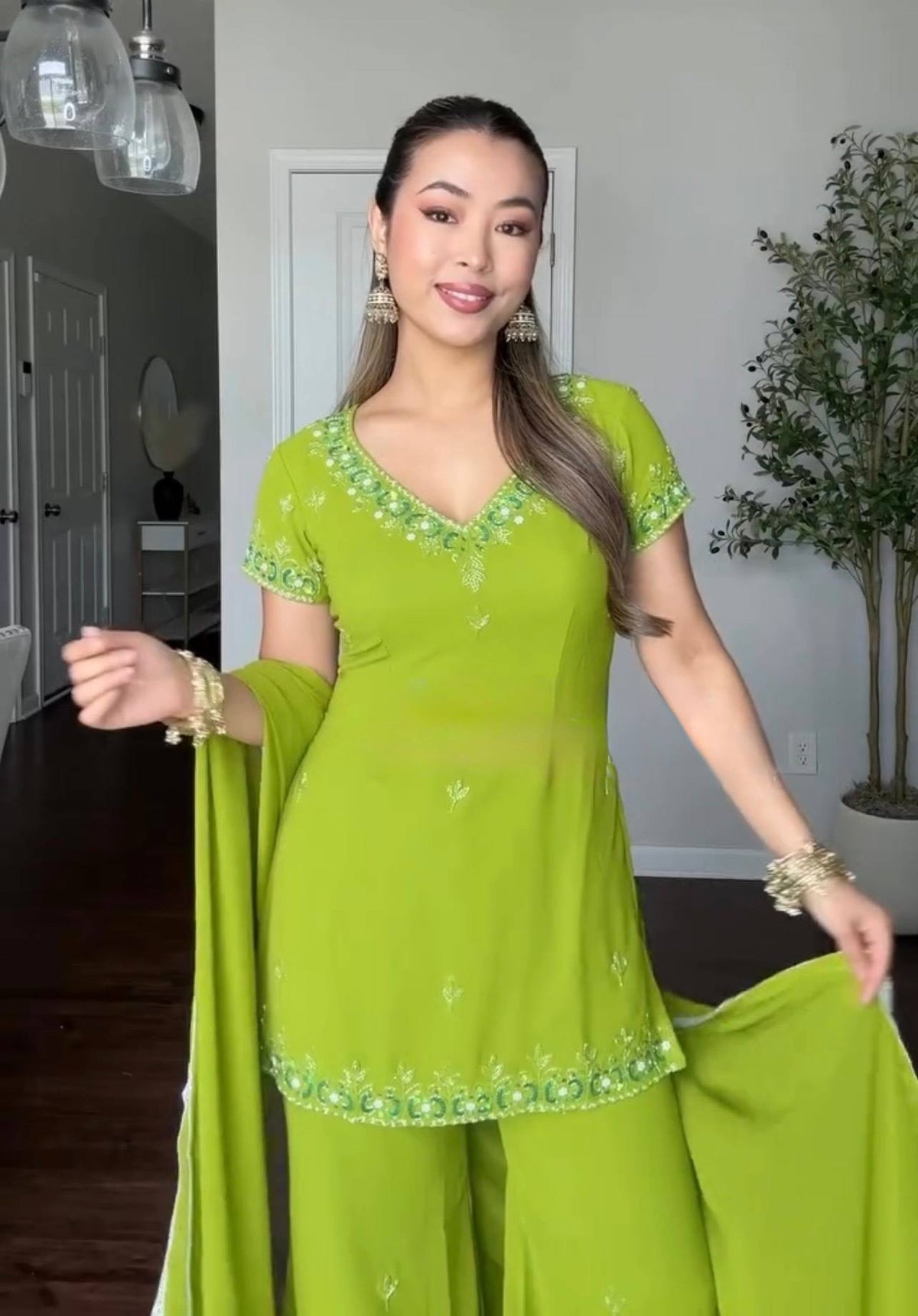 Designer Green Georgette Embroidery Sequence Sharara Suit
