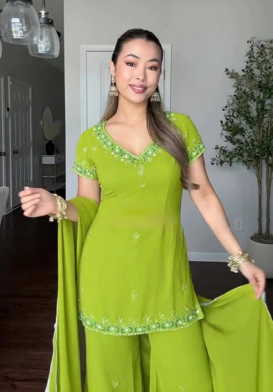 Designer Green Georgette Embroidery Sequence Sharara Suit