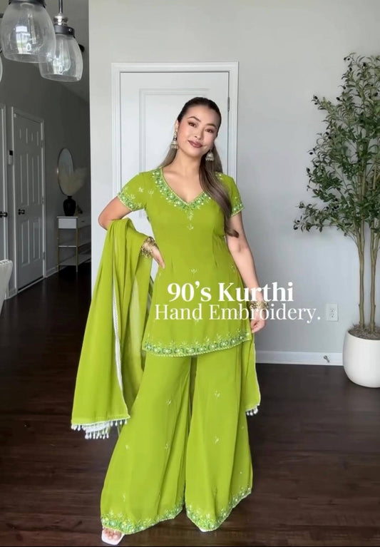 Designer Green Georgette Embroidery Sequence Sharara Suit