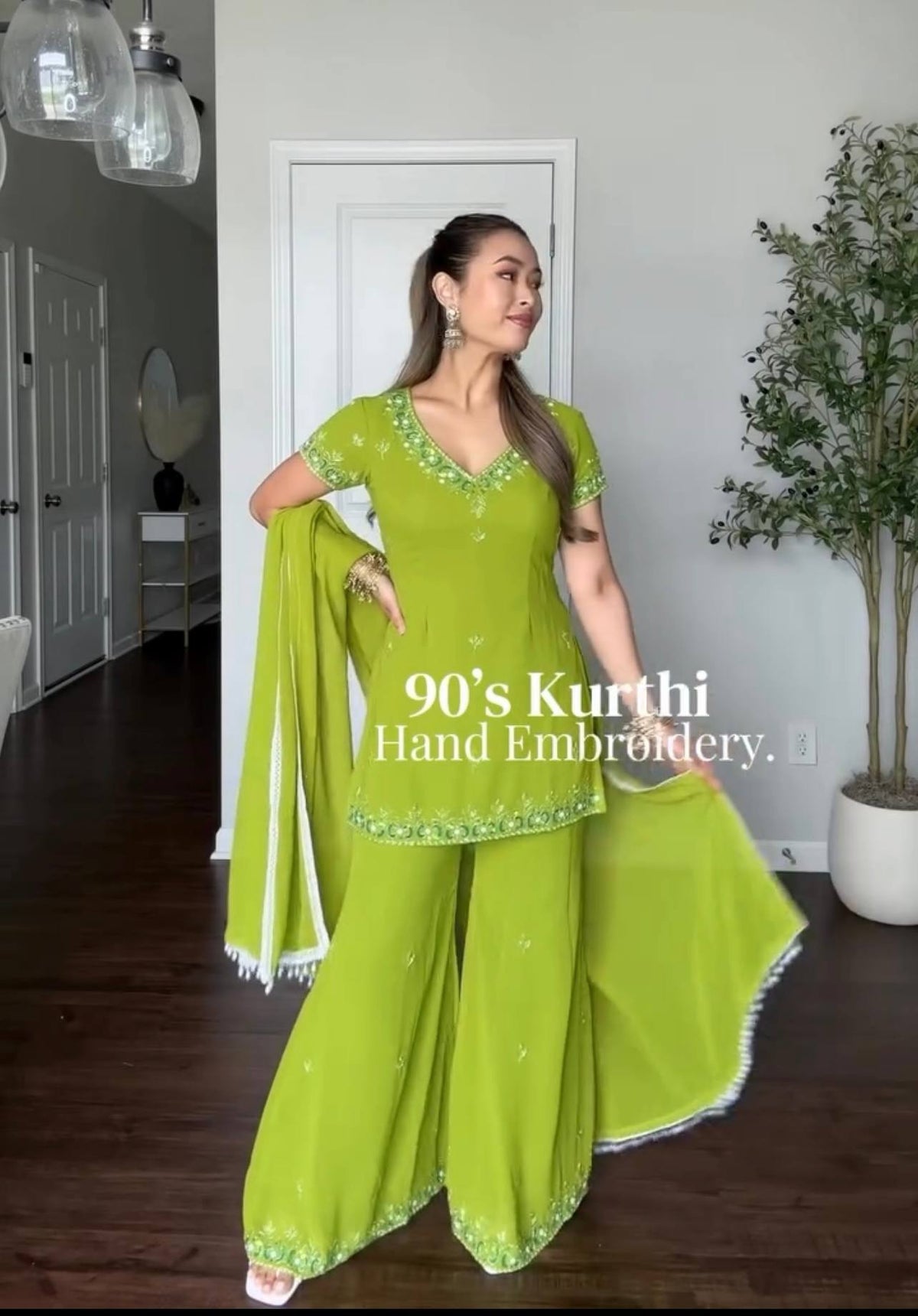 Designer Green Georgette Embroidery Sequence Sharara Suit