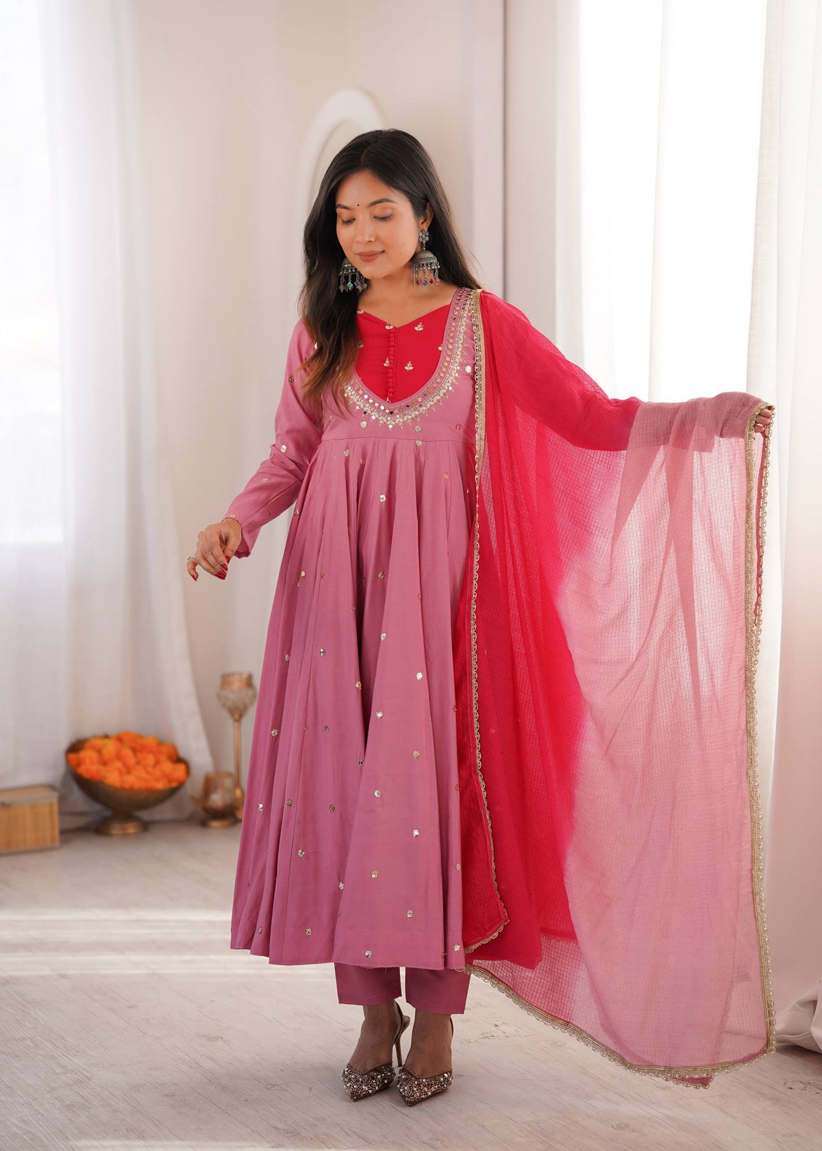Arti Chauhan Wear Baby Pink Color Embroidery With Real Mirror Work Anarkali Suit