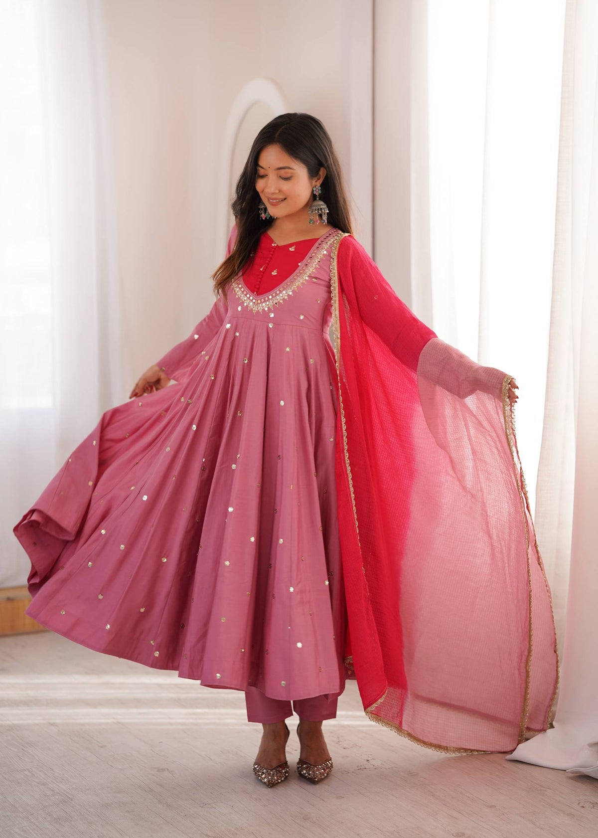 Arti Chauhan Wear Baby Pink Color Embroidery With Real Mirror Work Anarkali Suit